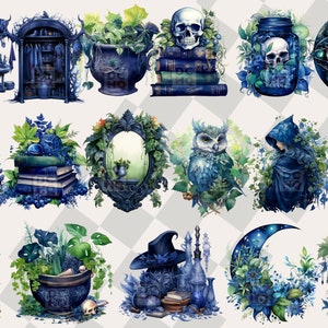 May include: A collection of 12 digital illustrations featuring a witch, owl, skull, books, potion bottles, a moon, a house, and a mirror. The illustrations are in a dark blue and green color scheme with a whimsical and magical feel.