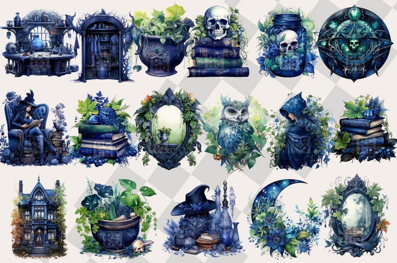 May include: A collection of 12 digital illustrations featuring a witch, owl, skull, books, potion bottles, a moon, a house, and a mirror. The illustrations are in a dark blue and green color scheme with a whimsical and magical feel.