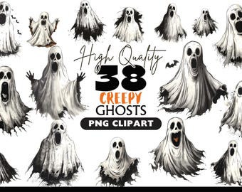 Gruselige Geist Clipart PNG gruselige Halloween-Illustrationen, Haunted Horror Spirit Grafiken, gruseliges Halloween-Clip-Art-Set, Süßes oder Saures Drucke