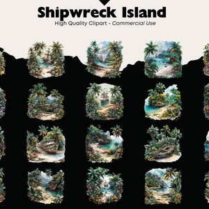 May include: A collection of 20 digital clipart images featuring a tropical island with a shipwreck. The images are in a painterly style with vibrant colors and lush greenery.