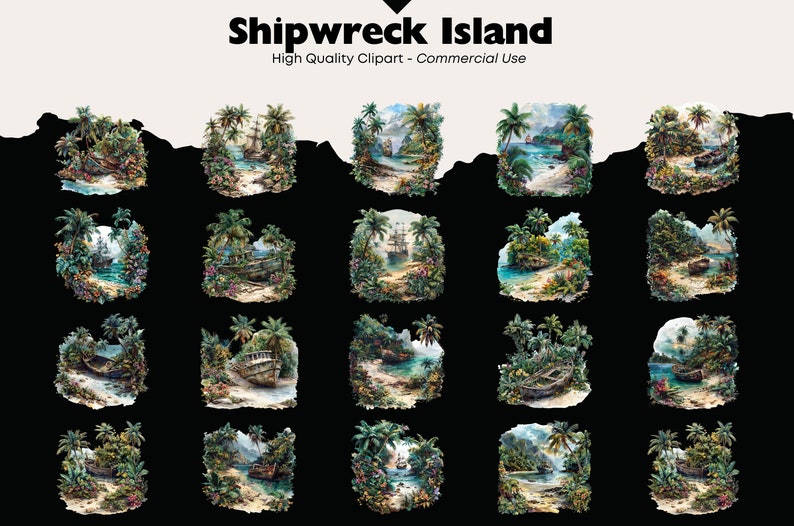 May include: A collection of 20 digital clipart images featuring a tropical island with a shipwreck. The images are in a painterly style with vibrant colors and lush greenery.