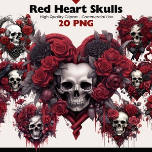 Gothic Heart Skull Clipart, Red Skull PNG Illustration, High Quality Heart PNG, Valentine Skeleton Heart Instant Download, Commercial Use