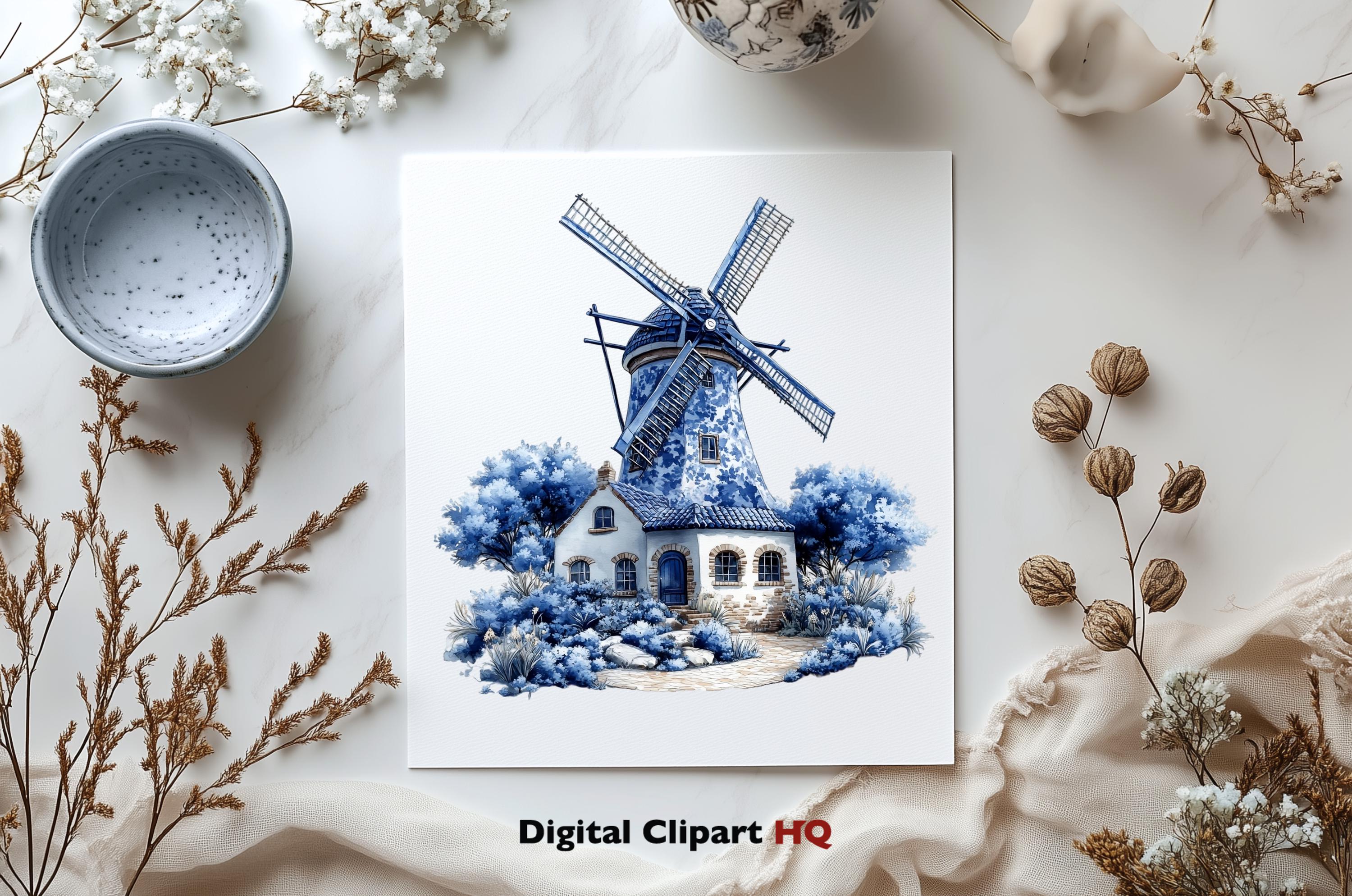 Delft Blue Windmill Clipart Bundle Vintage Floral Blue Delft Style ...