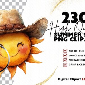 Puede incluir: Ilustraci&oacute;n en acuarela de un sol sonriente con sombrero de vaquero. La imagen incluye el texto "230 High Quality SUMMER SUN PNG CLIPART" y detalles sobre los archivos PNG.