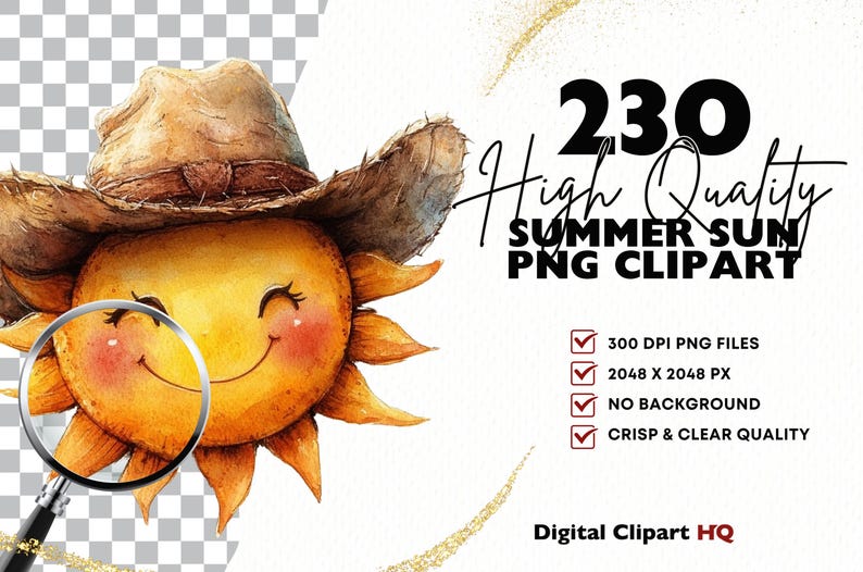 Puede incluir: Ilustraci&oacute;n en acuarela de un sol sonriente con sombrero de vaquero. La imagen incluye el texto "230 High Quality SUMMER SUN PNG CLIPART" y detalles sobre los archivos PNG.