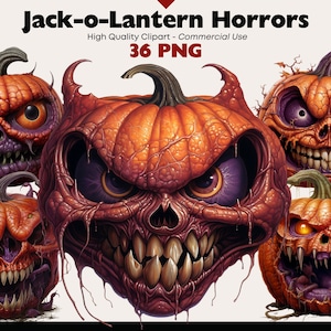 Scary Pumpkin Clipart, Jack o Lantern Digital Download, PNG Halloween Watercolor, Scary Pumpkin Faces Graphics, Sinister Pumpkins Printable