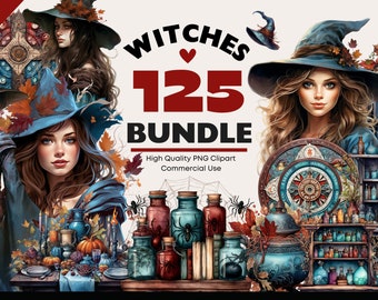 Whimsical Witch Clipart Bundle, Autumn Witches PNG, Mystical Watercolor, Magic Witch Hat Graphics, Paper Crafts, Scrapbook, Witchy PNG