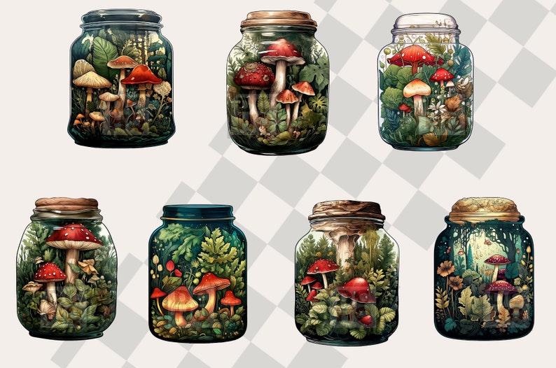 May include: Eight glass jars with cork lids, each containing a miniature forest scene with various types of mushrooms and greenery.