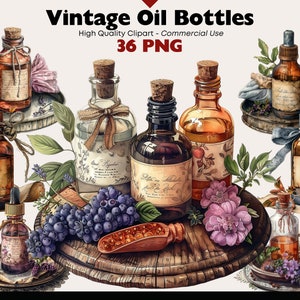 Frascos de óleo vintage Clipart pacote de ervas boticário aquarela conta-gotas de óleo PNG para impressão de óleo essencial download digital remédio natural PNG