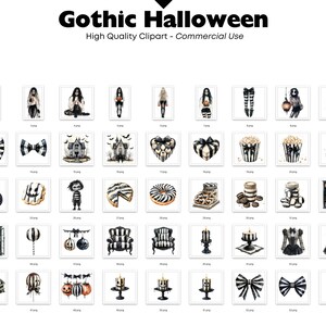 May include: A collection of Gothic Halloween-themed clipart illustrations. The images feature various elements such as gothic figures, haunted houses, cupcakes, bows, and pumpkins. The color palette is primarily black and white with orange accents.