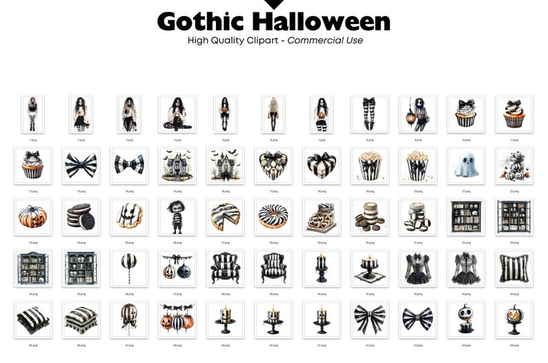 May include: A collection of Gothic Halloween-themed clipart illustrations. The images feature various elements such as gothic figures, haunted houses, cupcakes, bows, and pumpkins. The color palette is primarily black and white with orange accents.