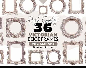 Victorian Frame Clipart PNG, Beige Ornate Vintage Frames, Antique Border PNG Set, Scrapbooking Clipart, Printable Journal Frames JPEG