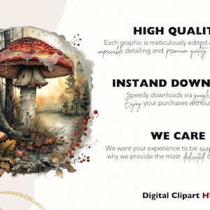May include: A digital illustration of a red and white mushroom with a white web-like design on the cap. The mushroom is in a forest setting with other mushrooms, trees, and leaves. The image is surrounded by a gold glitter border.