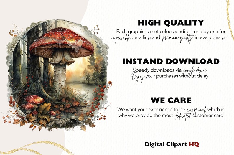 May include: A digital illustration of a red and white mushroom with a white web-like design on the cap. The mushroom is in a forest setting with other mushrooms, trees, and leaves. The image is surrounded by a gold glitter border.