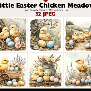 May include: Watercolor illustrations of Easter chicks and eggs in a meadow setting. The images feature fluffy yellow chicks, pastel-colored eggs, and floral elements. Text at the top reads "Little Easter Chicken Meadow" and "32 JPEG".