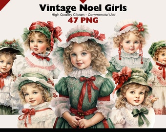ヴィンテージクリスマスガールズクリップアートバンドル、ビクトリア朝の水彩クリスマスPNG、愛らしいクリスマスキッズ、ヴィンテージガールズデジタルステッカー冬