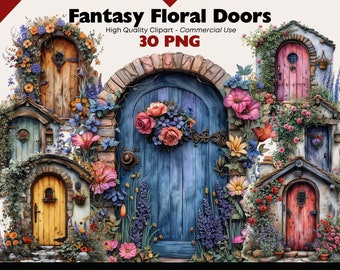 Fantasy Floral Door Clipart Bundle, Magical Entrance Watercolor, Cute Garden Door Graphics, Fairy Door PNG Digital Download, Paper Crafts