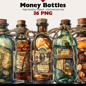 Pacchetto di clipart di bottiglie d'epoca, acquerello di vecchie monete, stampabile di monete in bottiglia, download digitale di bottiglie antiche in formato PNG, artigianato di carta, album di ritagli