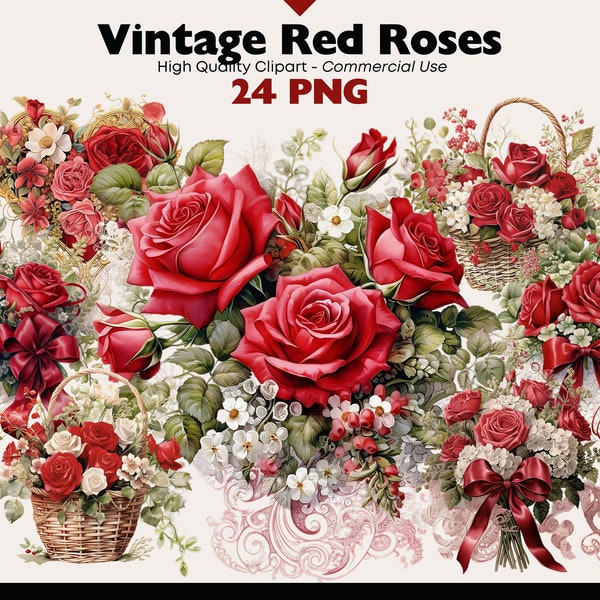 Vintage Roses Clipart Bundle, Red Rose Bouquet PNG, Roses in Basket Watercolor, Lace Rose Arrangement, Valentine's Flower Bouquet Graphics