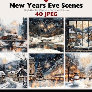 Paquete de imágenes prediseñadas de Nochevieja, paisajes nevados, gráficos, descarga digital, JPEG, arte festivo, acuarela, pueblo invernal, imágenes prediseñadas, uso comercial