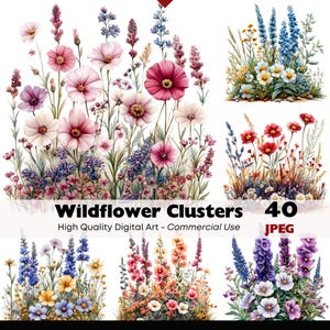 Watercolor Wildflower Clusters Clipart Bundle Spring Floral Graphics Romantic Bouquet Digital Download Scenic Landscape JPEG Commercial Use