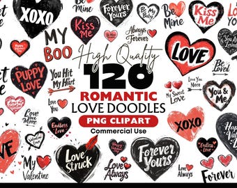 Romantic Love Doodles Clipart, Valentine’s Day Heart Sketch, Handdrawn Love Quotes Stickers, Cute Valentine Elements PNG Instant Download