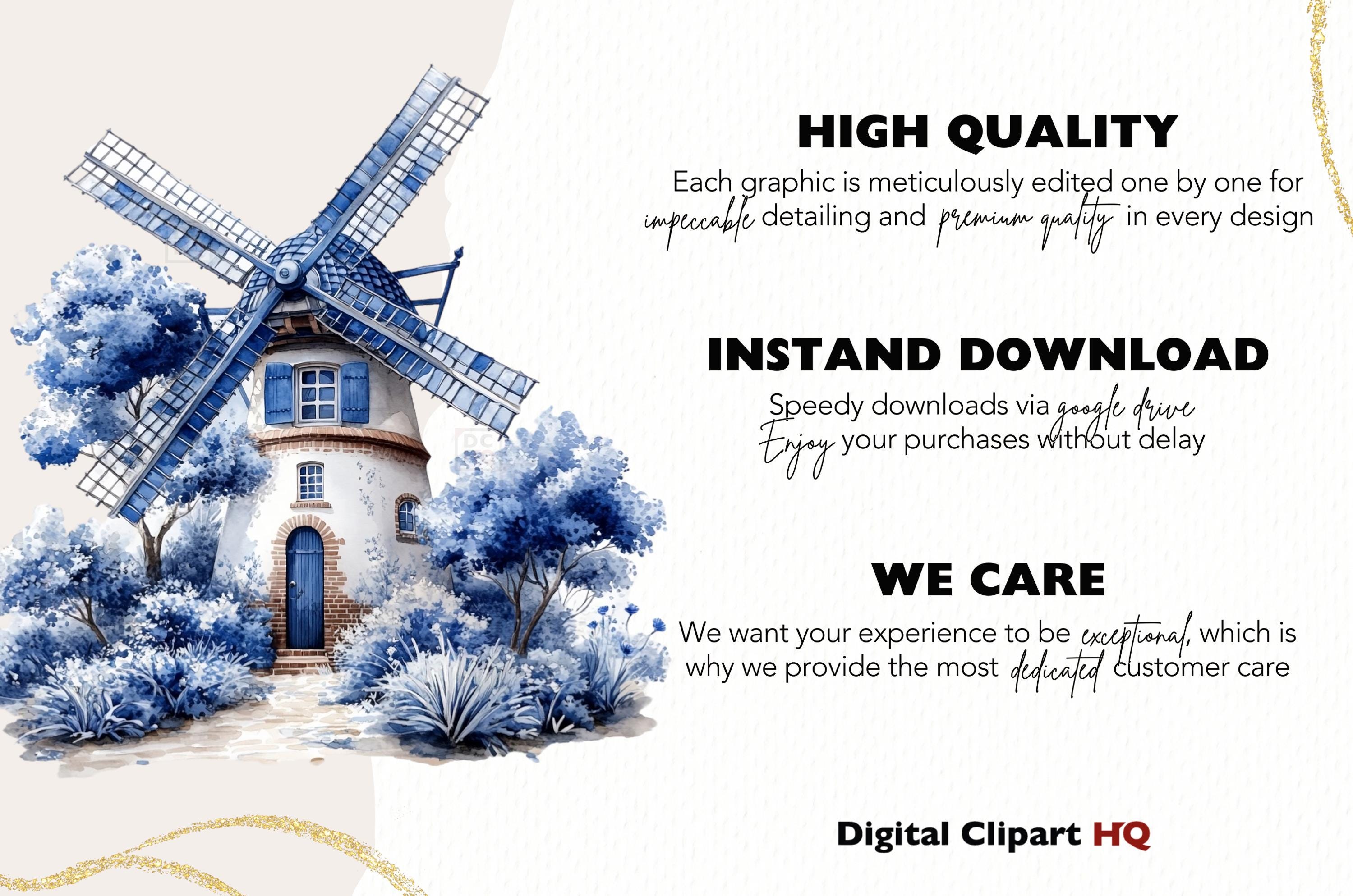 Delft Blue Windmill Clipart Bundle Vintage Floral Blue Delft Style ...