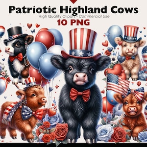 Puede incluir: Diez im&aacute;genes digitales de vacas Highland con sombreros y accesorios patri&oacute;ticos. Las vacas est&aacute;n rodeadas de globos, flores y estrellas rojas, blancas y azules. Las im&aacute;genes son perfectas para usar en scrapbooking digital, creaci&oacute;n de tarjetas y otros proyectos creativos.