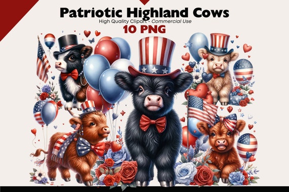Patriotic Highland Cow Clipart, American Highland Cow PNG, 4th July Cow Clipart, Presidents Day Cow Watercolor, Patriotic Animal PNG Digital