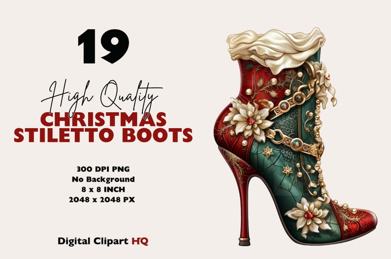 May include: A red and green Christmas stiletto boot with gold embellishments and white flower accents. The boot has a high heel and a pointed toe. The boot is isolated on a white background.