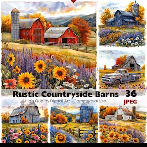 Rustic Countryside Barn Clipart, Fall Farmhouse Landscape Watercolor Ranch Digital Download Autumn Barn Printable Farmhouse Paper Crafts