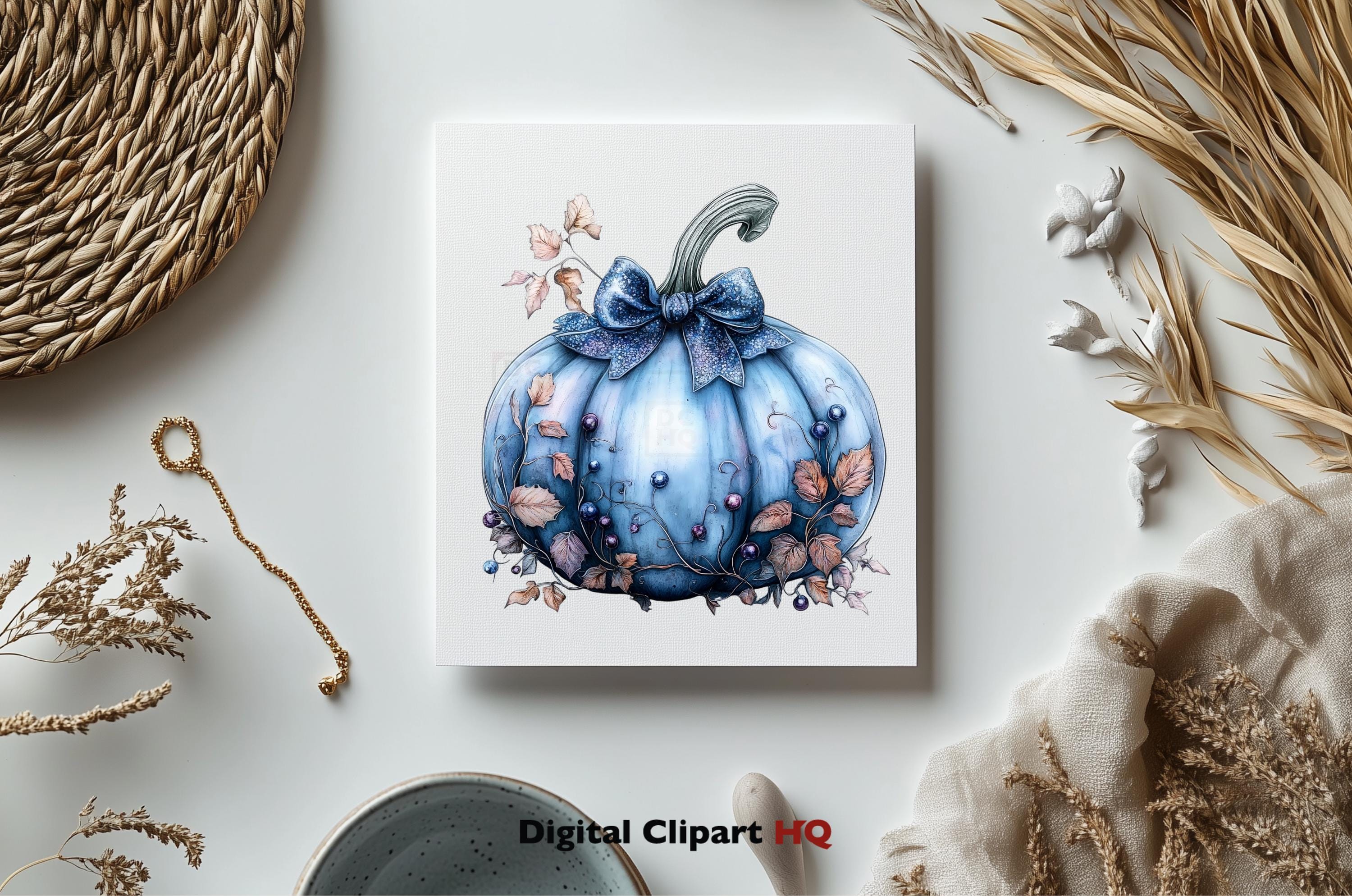Blue Pumpkins Clipart Bundle Autumn Watercolor Png Pumpkin and Leaves ...