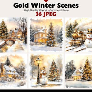 Vinterscener Clipart Bundle Snöiga landskap Grafik Digital Nedladdning JPEG Semesterkonst Akvarell Julby Clipart Kommersiellt Bruk