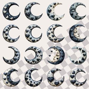 May include: A set of 24 digital illustrations of crescent moons with a variety of designs. Some moons have a sleeping face, while others are decorated with small hearts. All moons are in shades of gray and white.