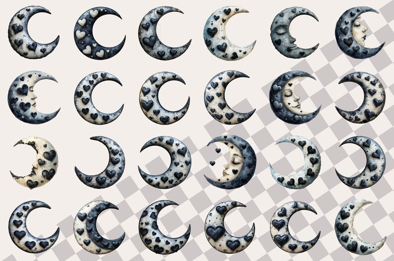 May include: A set of 24 digital illustrations of crescent moons with a variety of designs. Some moons have a sleeping face, while others are decorated with small hearts. All moons are in shades of gray and white.