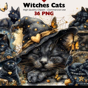 Hexen Katze Clipart Bundle Verspielte Katze PNG Transparenten Hintergrund Aquarell Schwarze Katze Digitaler Download Papier Handwerk Scrapbooking Tier Png