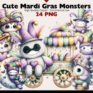 Imágenes prediseñadas de monstruo de Mardi Gras, monstruo de peluche PNG, lindo juguete de carnaval de acuarela de Mardi Gras PNG descarga digital, gráficos de mascarada de Nueva Orleans