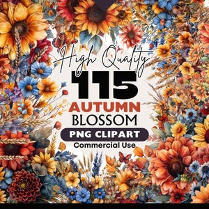 Könnte beinhalten: Eine Sammlung von 115 hochwertigen PNG-Clipart-Bildern von Herbstblüten für kommerzielle Nutzung. Die Bilder zeigen Sonnenblumen, Wildblumen und Weizenähren in Gelb-, Orange-, Rot-, Blau- und Violetttönen.