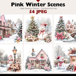 Winter Scenes Clipart Bundle Snowy Landscapes Graphics Digital Download JPEG Holiday Art Watercolor Christmas Village Clipart Commercial Use