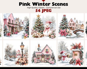 Winter Scenes Clipart Bundle Snowy Landscapes Graphics Digital Download JPEG Holiday Art Watercolor Christmas Village Clipart Commercial Use
