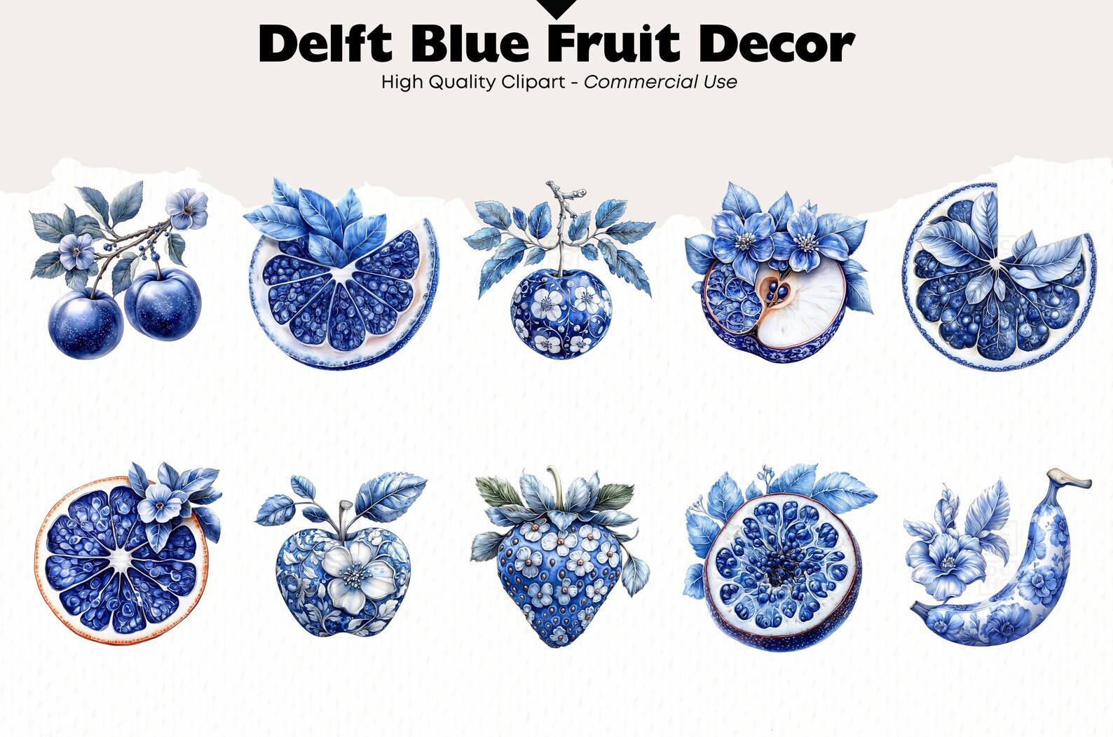 Delft Blue Fruit Clipart Bundle Watercolor Dutch Delft Style PNG ...