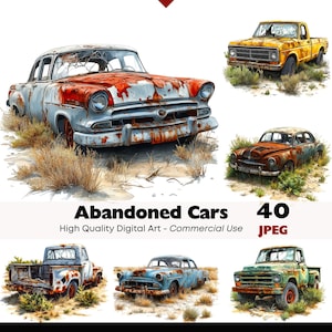 May include: Digital art featuring six vintage, abandoned cars in various states of disrepair. The cars are painted in watercolor style, with rust and faded paint. The image includes the text "Abandoned Cars" and "40 JPEG".