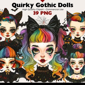 Puede incluir: Ilustración digital de muñecas góticas extravagantes con cabello arcoíris, lazos negros y murciélagos. La imagen incluye el texto "Quirky Gothic Dolls" y "39 PNG". Las muñecas tienen piel pálida, maquillaje oscuro y sostienen gatos negros.