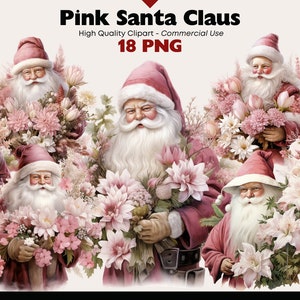 Pink Santa Clip Art, Watercolor Santa PNG, Retro Santa and Roses, Festive Holiday Image, Vintage Santa Claus Graphics, Vintage Christmas PNG