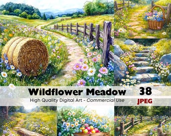 May include: Watercolor digital art print titled "Wildflower Meadow." The image features a winding path through a field of wildflowers, a hay bale, and a wooden fence. The artwork is a high-quality digital art piece for commercial use.