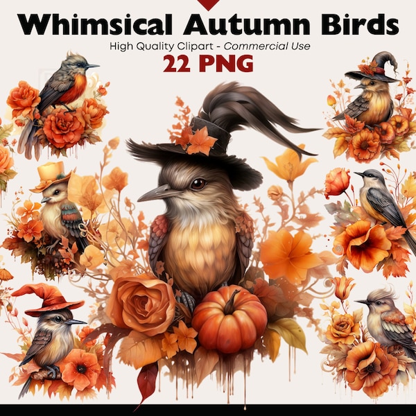 Whimsical Autumn Birds Clipart, Magical Bird Watercolor Bundle, Witches Hat Bird PNG, Fantasy Birdie Digital Stickers, Mystical Halloween