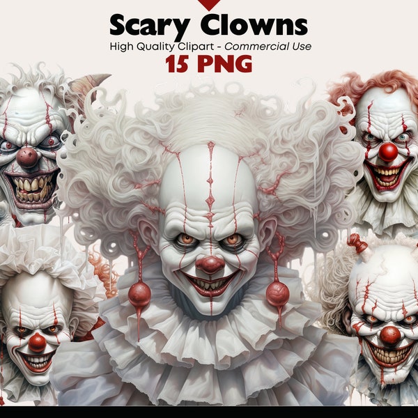 Scary Clowns Clipart, IT Clown Digital Download, PNG Clown, Halloween Watercolor, Creepy Joker Faces Graphics, Sinister Jester Printable