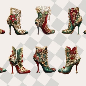 May include: Ten pairs of ornate high-heeled boots with intricate gold and green detailing, red accents, and jeweled embellishments. The boots have a pointed toe and a high heel.