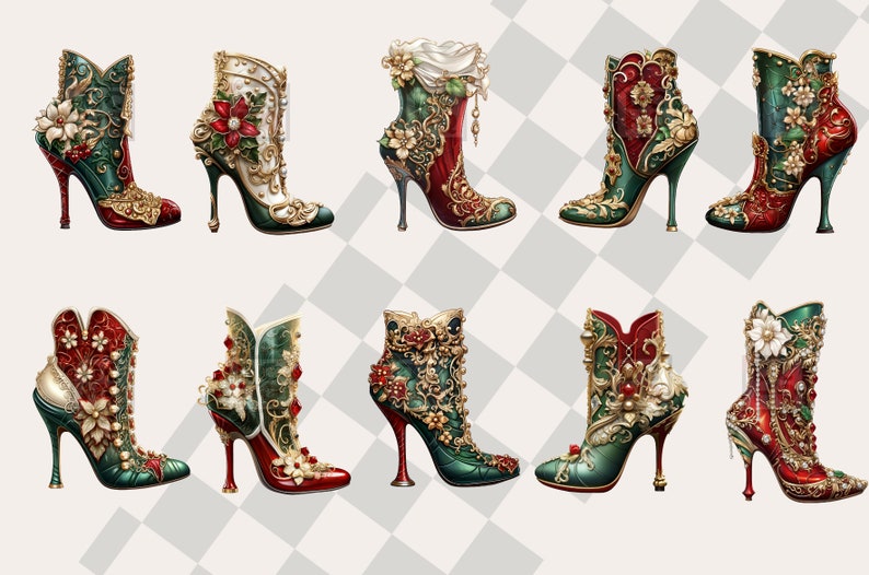 May include: Ten pairs of ornate high-heeled boots with intricate gold and green detailing, red accents, and jeweled embellishments. The boots have a pointed toe and a high heel.