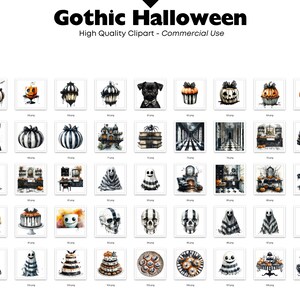 May include: A collection of watercolor illustrations with a Gothic Halloween theme. The images include pumpkins, ghosts, skulls, cakes, and other spooky elements. The text at the top reads "Gothic Halloween" and "High Quality Clipart - Commercial Use."